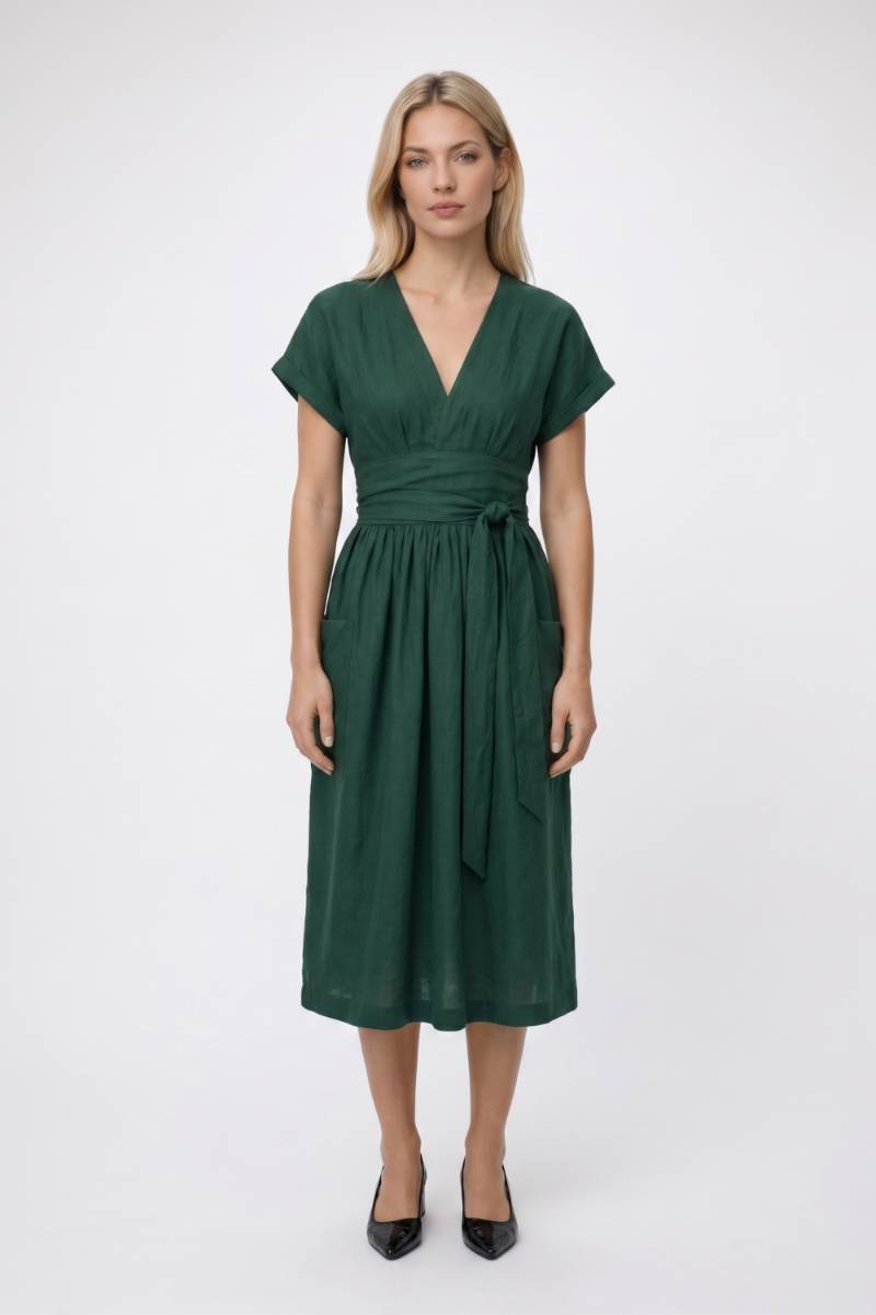 Midi Jurk Dames - Overslag V-hals | Strikceintuur Korte Mouwen — Donkergroen