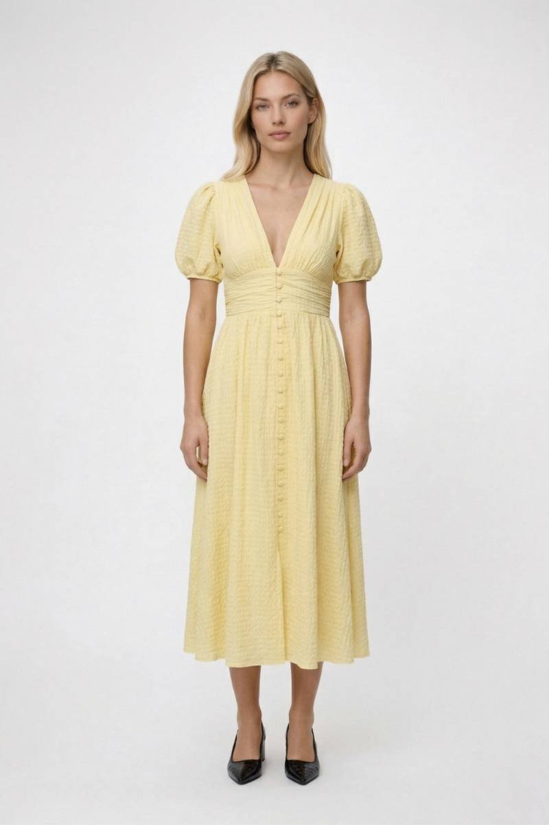 Midi Jurk Dames - Pofmouwen & Diepe V-hals | Knoopsluiting — Geel