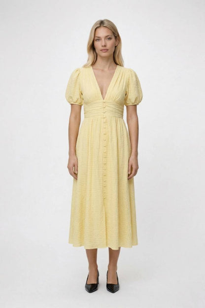 Midi Jurk Dames - Pofmouwen & Diepe V-hals | Knoopsluiting — Geel