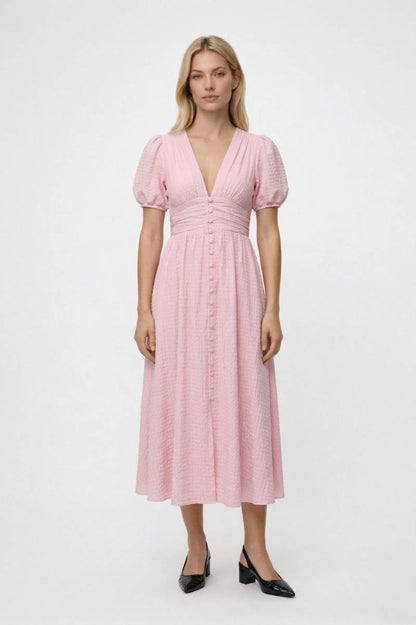 Midi Jurk Dames - Pofmouwen & Diepe V-hals | Knoopsluiting — Lichtroze