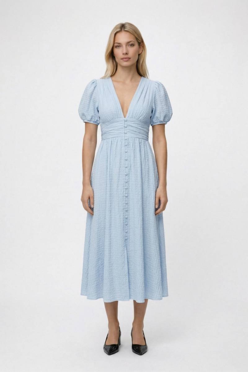 Midi Jurk Dames - Pofmouwen & Diepe V-hals | Knoopsluiting — Lichtblauw