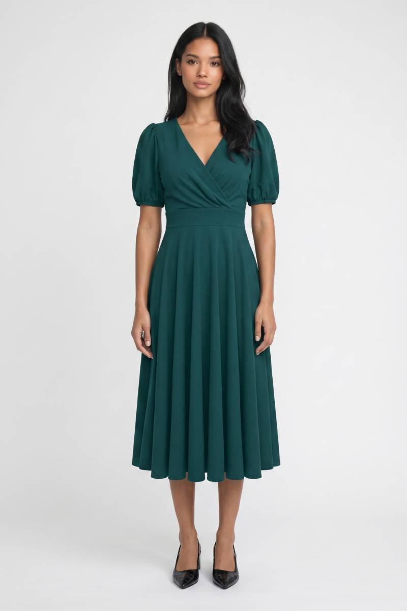 Midi Jurk Dames - Pofmouwen | V-Hals met Overslag Detail — Donkergroen