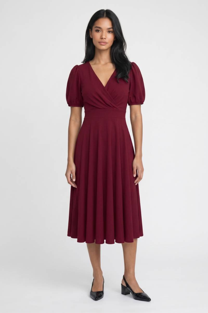 Midi Jurk Dames - Pofmouwen | V-Hals met Overslag Detail — Wijnrood