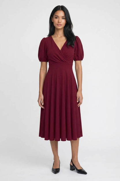 Midi Jurk Dames - Pofmouwen | V-Hals met Overslag Detail — Wijnrood