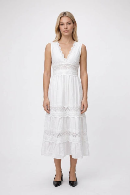 Midi Jurk Dames - Romantisch | Kant Details met V-Hals — Wit