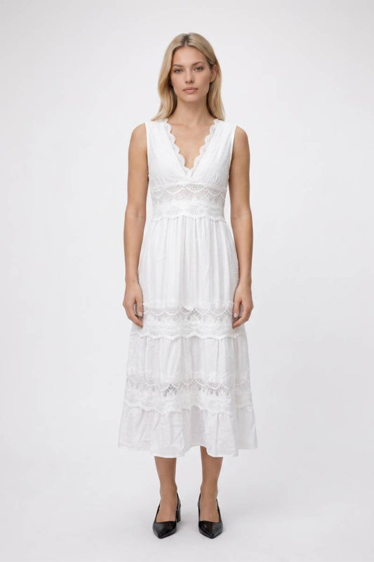 Midi Jurk Dames - Romantisch | Kant Details met V-Hals — Wit