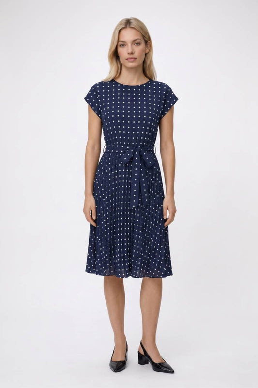 Midi Jurk Dames - Stippenprint | Korte Mouwen met Ceintuur — Navy Stippen
