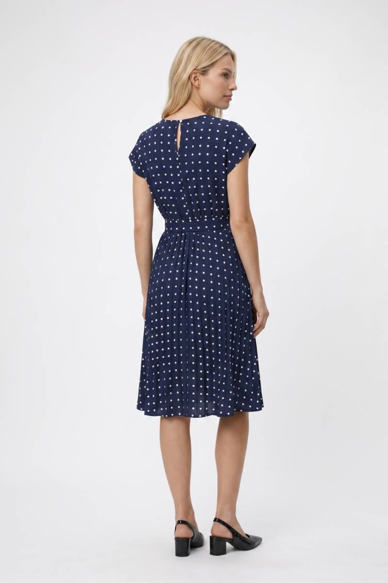 Midi Jurk Dames - Stippenprint | Korte Mouwen met Ceintuur — Navy Stippen