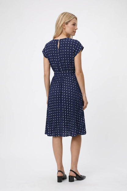 Midi Jurk Dames - Stippenprint | Korte Mouwen met Ceintuur — Navy Stippen