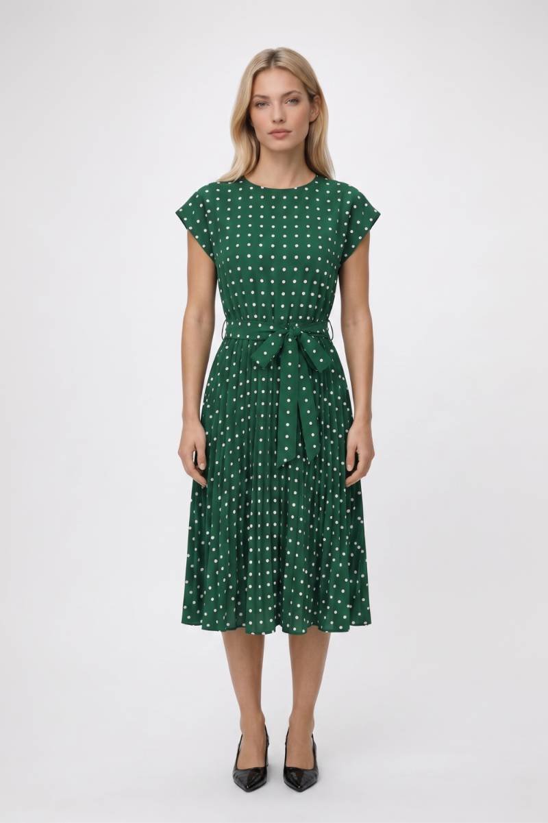 Midi Jurk Dames - Stippenprint | Korte Mouwen met Ceintuur — Groen Stippen
