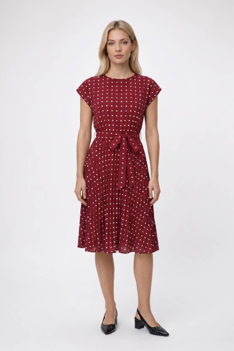 Midi Jurk Dames - Stippenprint | Korte Mouwen met Ceintuur — Bordeaux Stippen