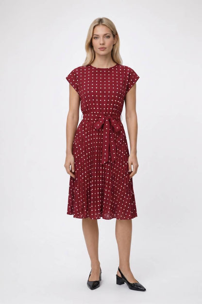 Midi Jurk Dames - Stippenprint | Korte Mouwen met Ceintuur — Bordeaux Stippen