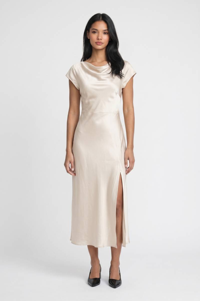 Midi Jurk Dames - Waterval Hals | Zijsplit met Open Rug — Champagne