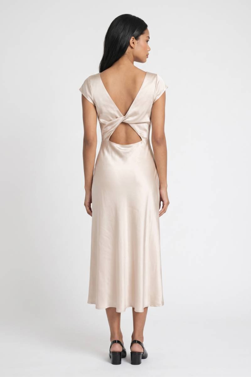 Midi Jurk Dames - Waterval Hals | Zijsplit met Open Rug — Champagne