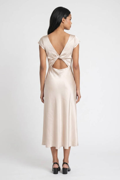 Midi Jurk Dames - Waterval Hals | Zijsplit met Open Rug — Champagne