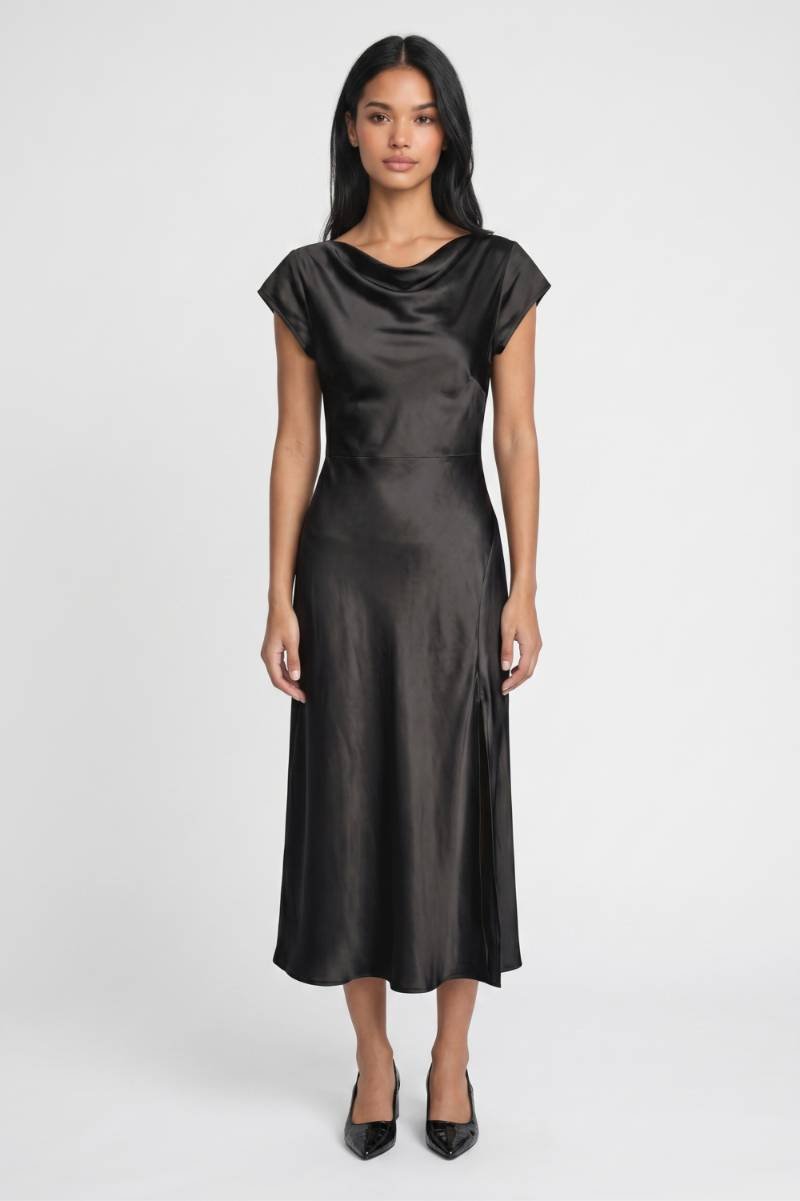 Midi Jurk Dames - Waterval Hals | Zijsplit met Open Rug — Zwart