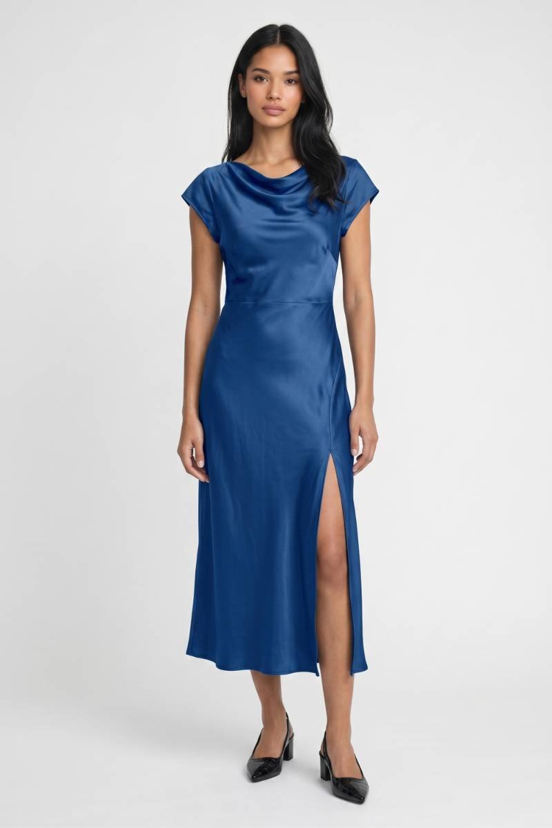 Midi Jurk Dames - Waterval Hals | Zijsplit met Open Rug — Blauw