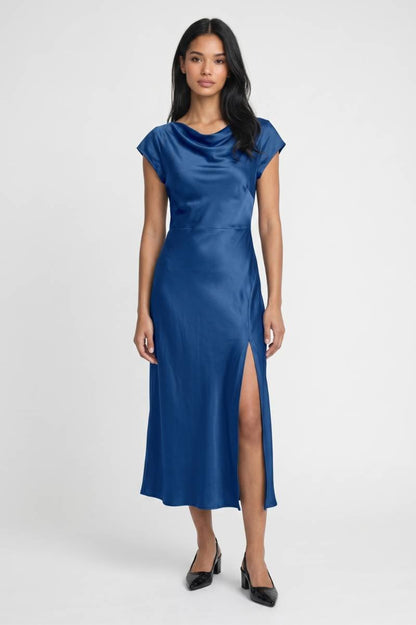 Midi Jurk Dames - Waterval Hals | Zijsplit met Open Rug — Blauw