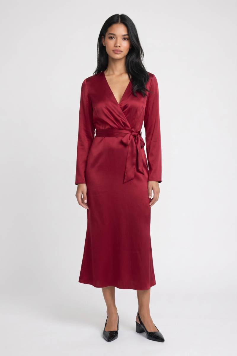 Midi Jurk Dames - Wikkel Stijl | Lange Mouwen met V-hals — Wijnrood