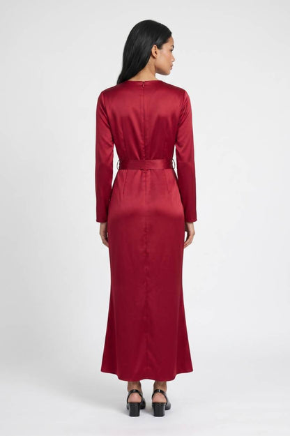 Midi Jurk Dames - Wikkel Stijl | Lange Mouwen met V-hals — Wijnrood