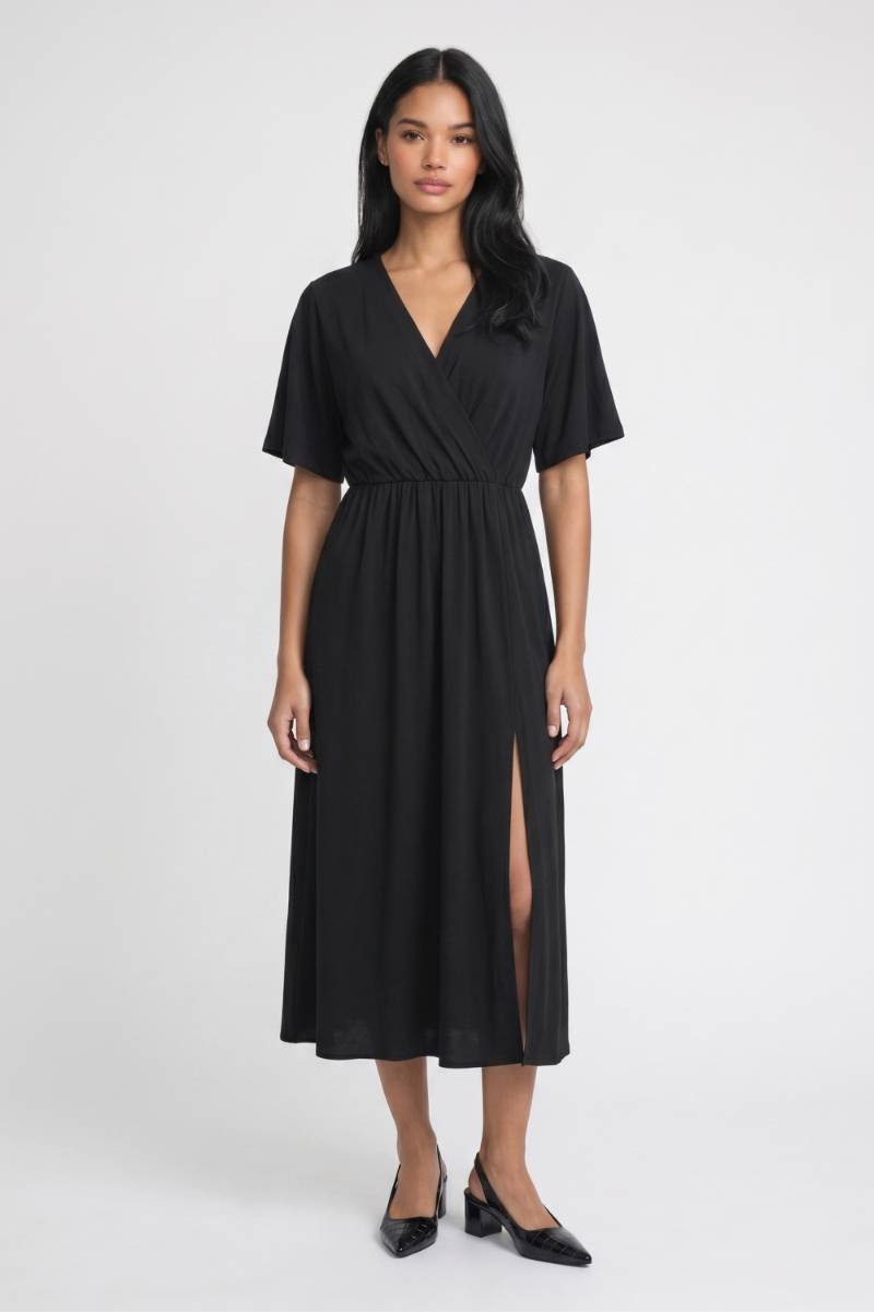 Midi Jurk Dames - Wikkel Stijl | V-hals met Split — Zwart