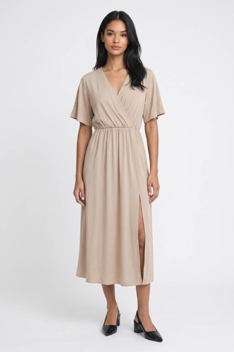 Midi Jurk Dames - Wikkel Stijl | V-hals met Split — Beige