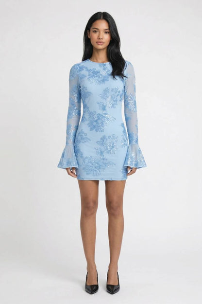 Mini Jurk Dames - Bloemenprint | Lange Mouwen met Flare - Bloemen Lichtblauw