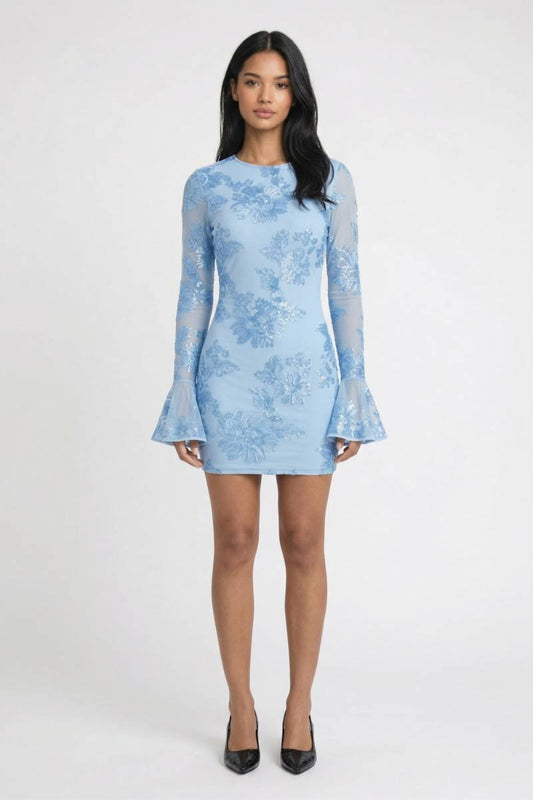 Mini Jurk Dames - Bloemenprint | Lange Mouwen met Flare - Bloemen Lichtblauw
