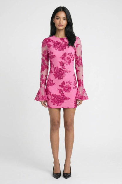 Mini Jurk Dames - Bloemenprint | Lange Mouwen met Flare - Bloemen Roze