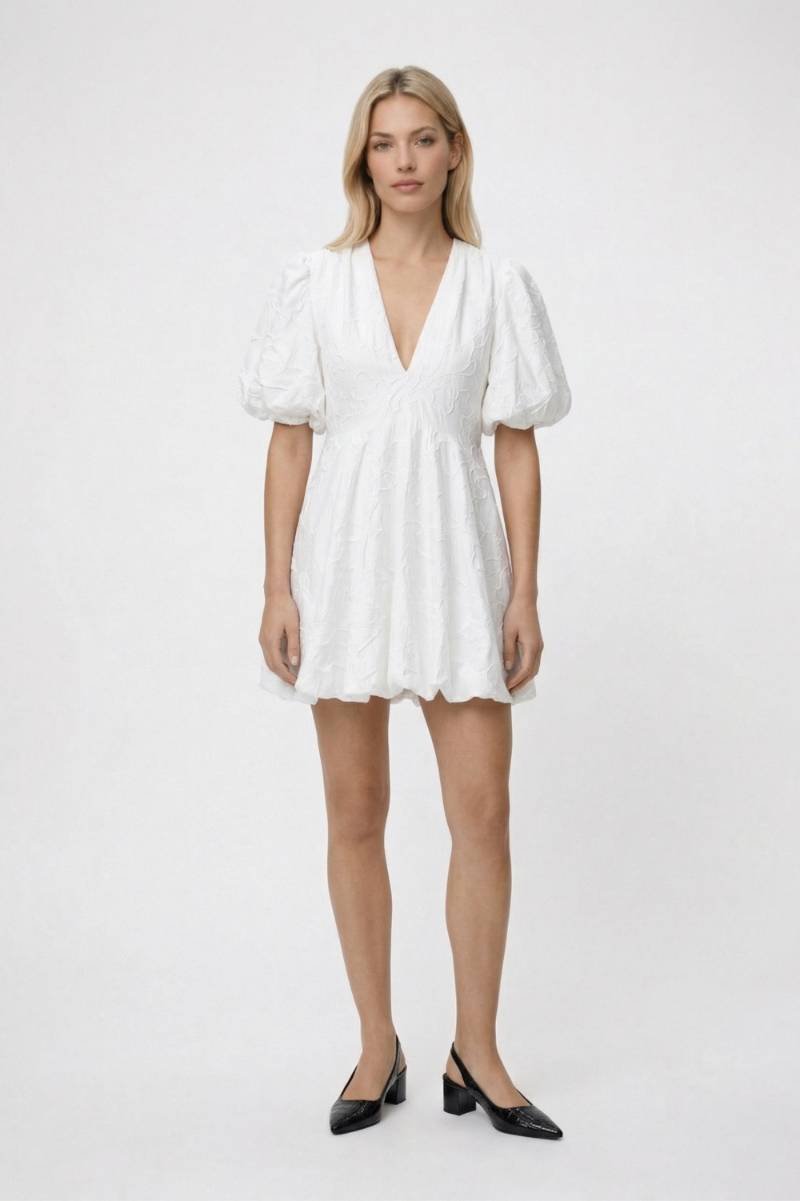 Mini Jurk Dames - Broderie V-hals | Pofmouwen Romantisch - Wit