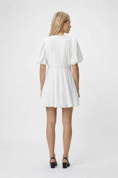 Mini Jurk Dames - Broderie V-hals | Pofmouwen Romantisch - Wit