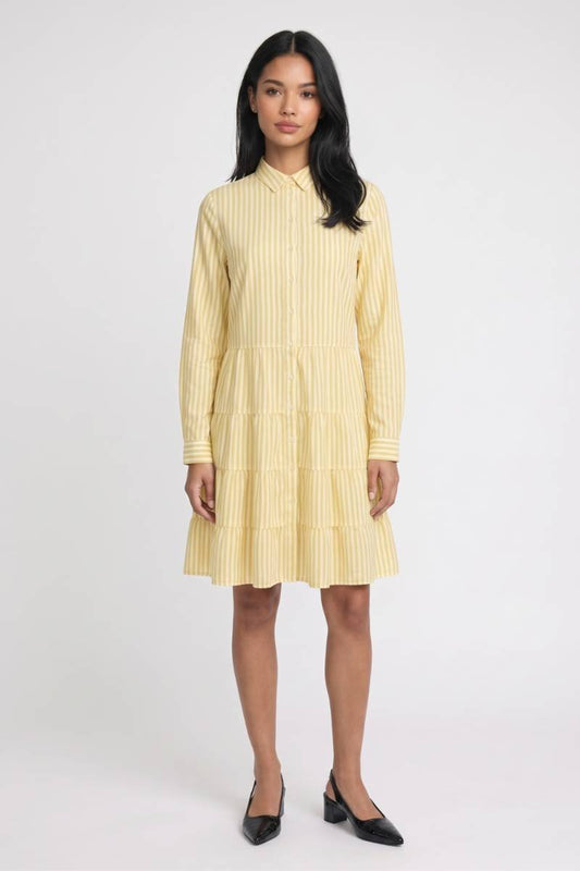 Mini Jurk Dames - Gestreept | Kraag met Knoopsluiting — Gestreept Geel