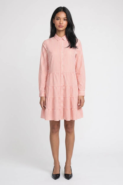 Mini Jurk Dames - Gestreept | Kraag met Knoopsluiting — Gestreept Roze