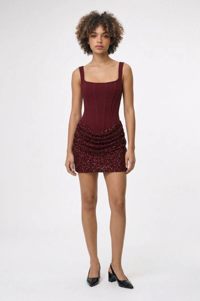 Mini Jurk Dames - Glitter Bodycon | Sparkle Detail - Bordeaux