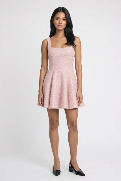 Mini Jurk Dames - Glitter Elegant | Vierkante Halslijn - Lichtroze