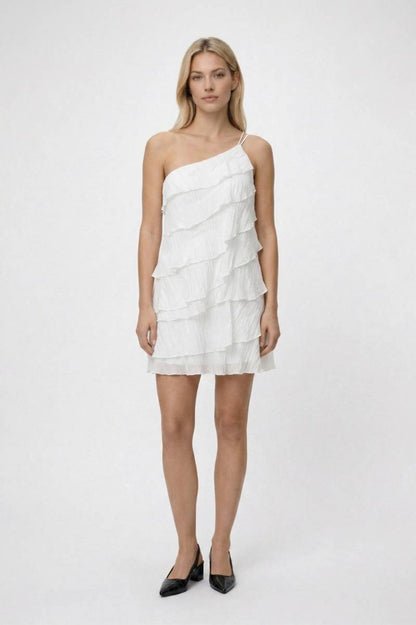 Mini Jurk Dames - One Shoulder | Ruffle Detail & Elegante Look — Wit