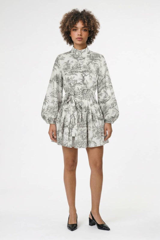 Mini Jurk Dames - Vintage Print | Strikceintuur — Grijs Print