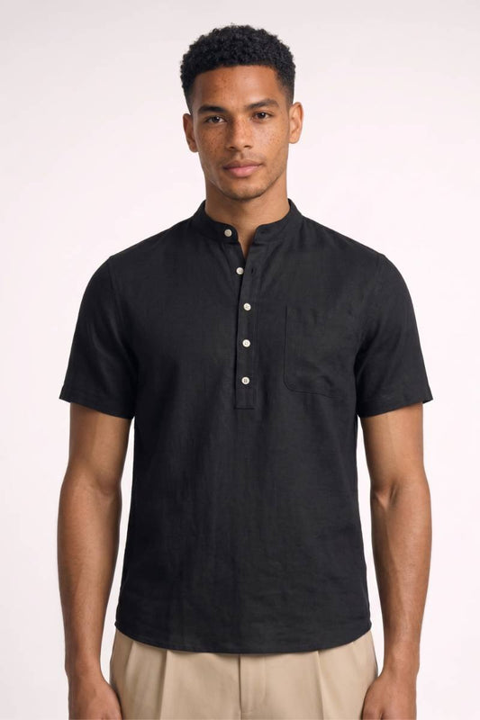 Overhemd Heren - Casual Grandad | Korte Mouwen en Knoopsluiting — Zwart