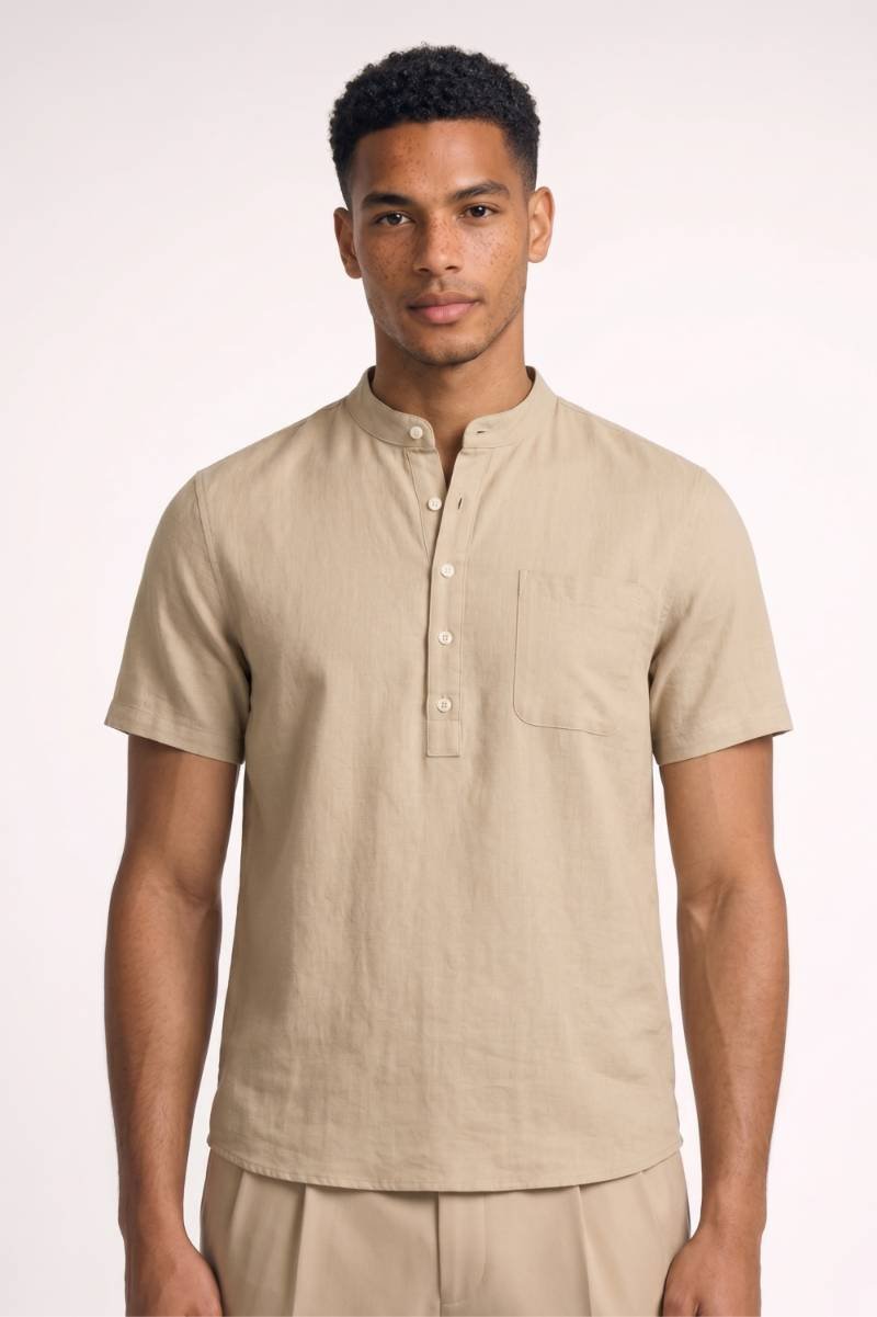 Overhemd Heren - Casual Grandad | Korte Mouwen en Knoopsluiting — Beige