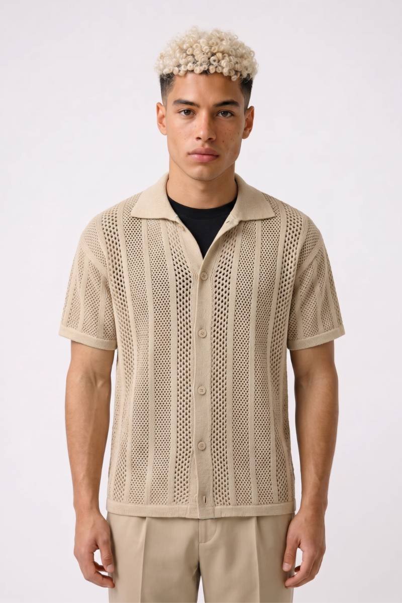 Overhemd Heren - Geperforeerd | Korte Mouwen met Knoopsluiting — Beige