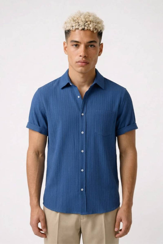 Overhemd Heren - Gestreept Casual | Korte Mouwen - Blauw