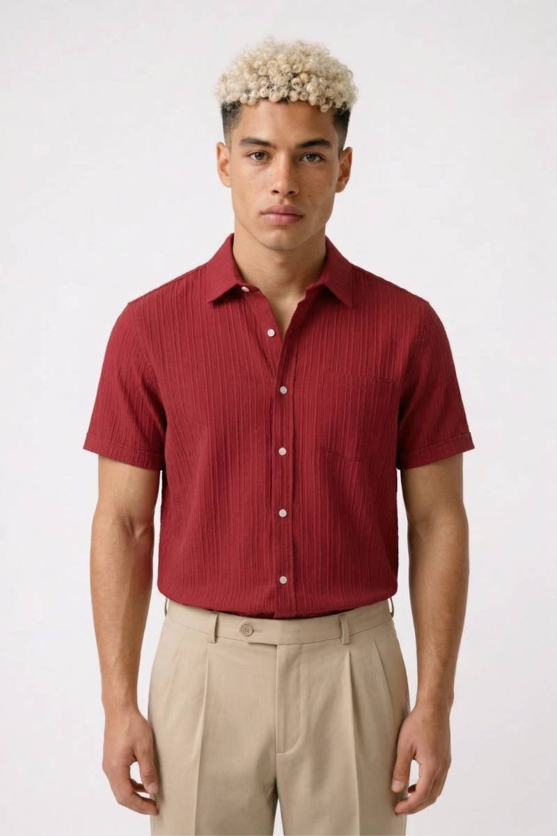 Overhemd Heren - Gestreept Casual | Korte Mouwen - Bordeaux