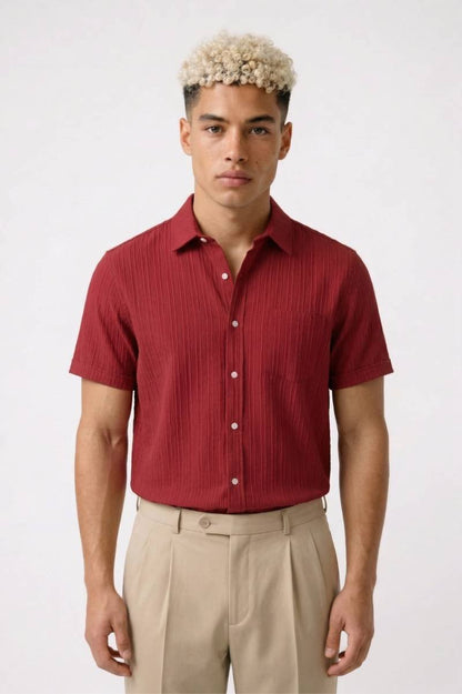 Overhemd Heren - Gestreept Casual | Korte Mouwen - Bordeaux