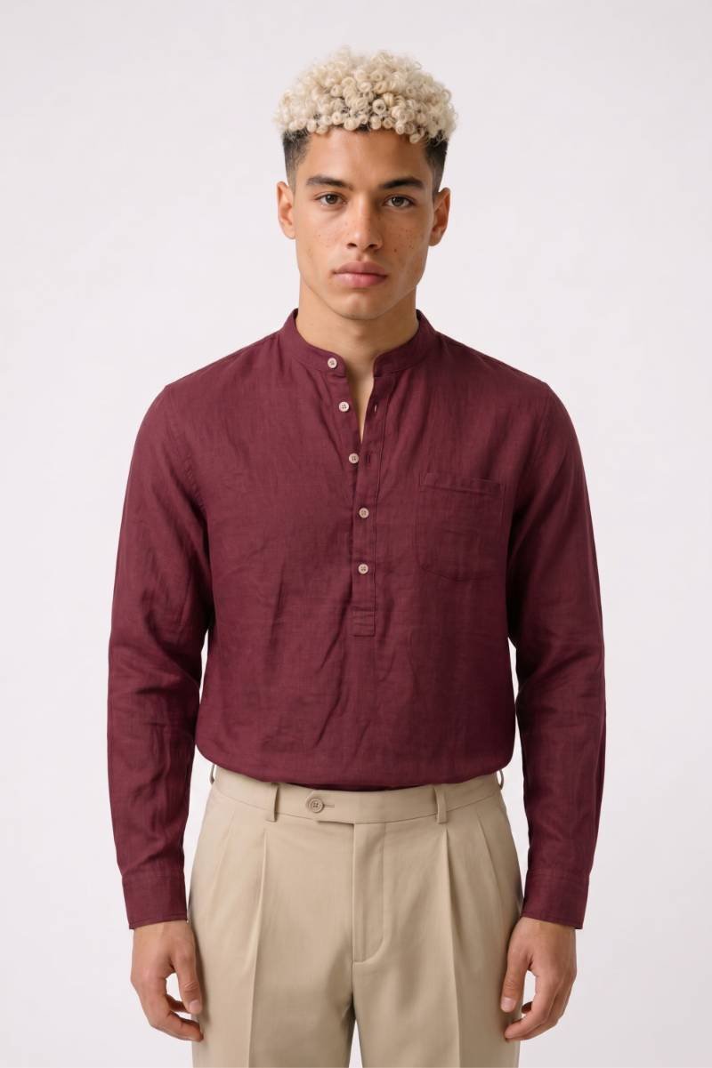 Overhemd Heren - Henley Stijl | Staande Kraag met Knoopsluiting — Wijnrood