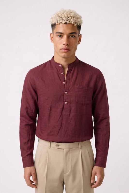 Overhemd Heren - Henley Stijl | Staande Kraag met Knoopsluiting — Wijnrood