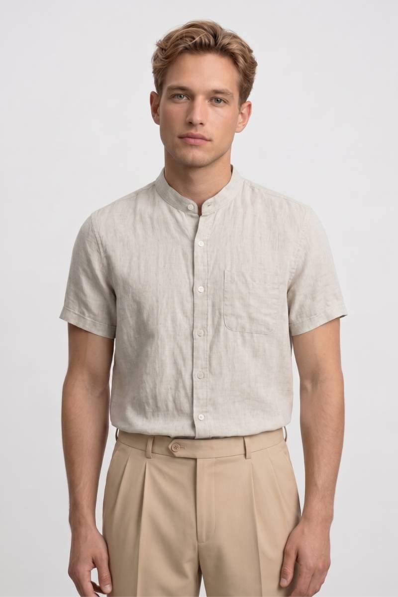 Overhemd Heren - Korte Mouwen | Staande Kraag met Knoopsluiting — Beige