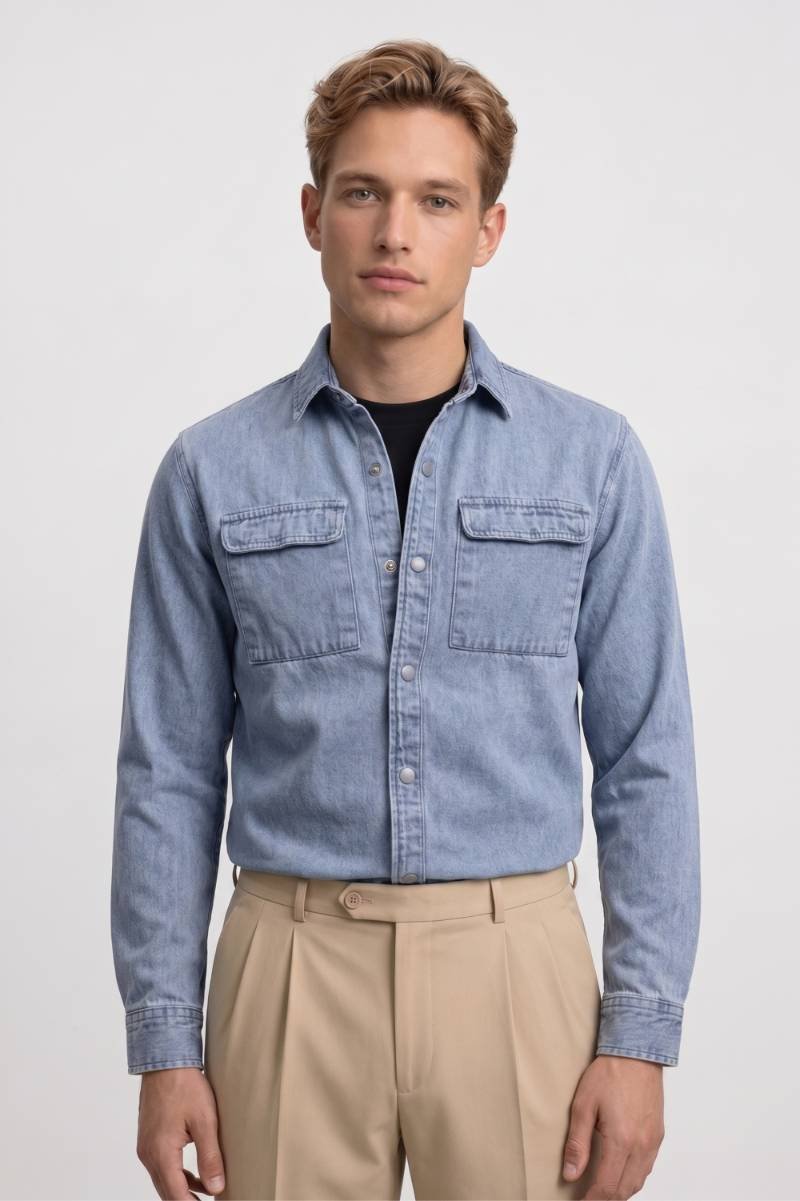 Overhemd Heren - Vintage | Lange Mouwen met Borstzakken — Lichtblauw