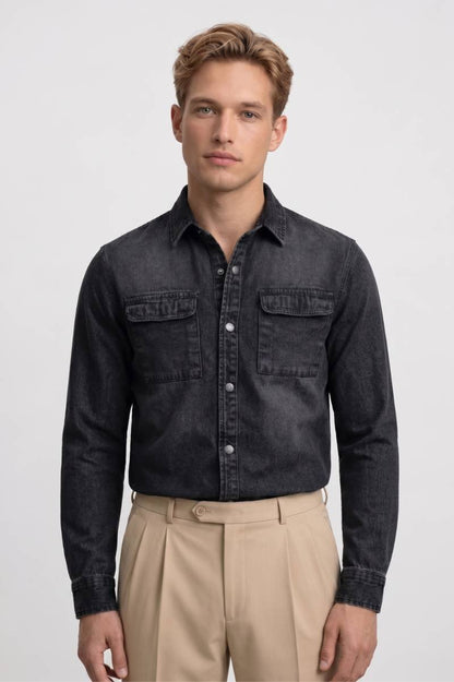 Overhemd Heren - Vintage | Lange Mouwen met Borstzakken — Zwart