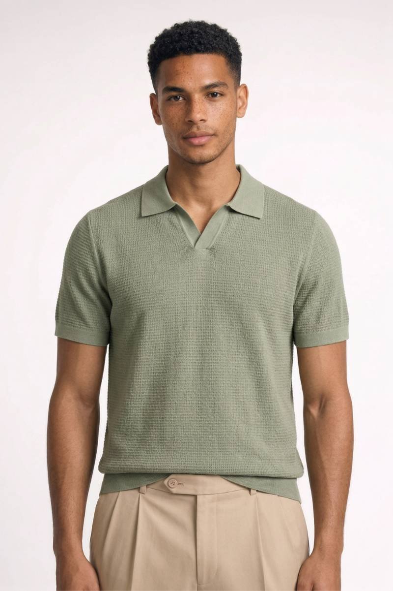Polo Heren - Gebreide Textuur | Korte Mouwen & Klassieke Kraag - Olijfgroen