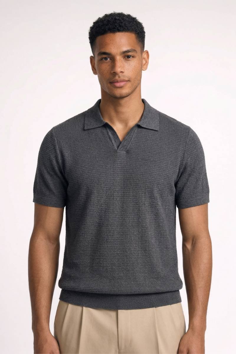 Polo Heren - Gebreide Textuur | Korte Mouwen & Klassieke Kraag - Donkergrijs